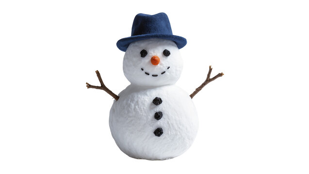 Fluffy snowman with blue hat and twig arms, isolated on transparent background