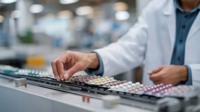 Technician fills blister packs with color-coded tablets using automated packaging line, vision system verifying correct medication placement in pharmaceutical facility, ideal for drug manufacturing