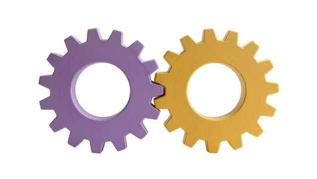 Two interlocking gears one purple and one yellow, isolated on transparent background