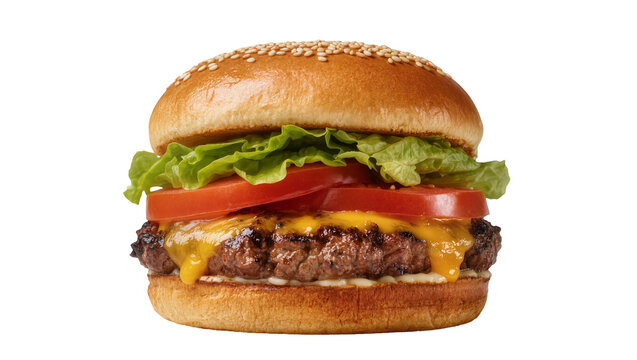 Juicy beef burger with melted cheese fresh lettuce and tomato slices, isolated on transparent background