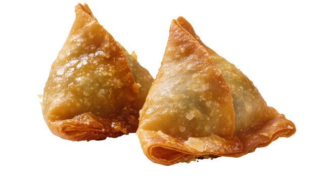 Two golden brown crispy samosas with flaky pastry, isolated on transparent background