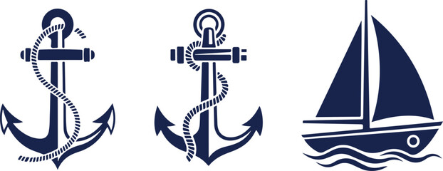 Set of nautical icons with anchors and a sailboat © sefatahmed
