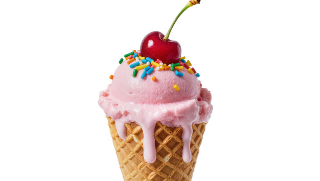 Pink strawberry ice cream cone with cherry and sprinkles, isolated on transparent background