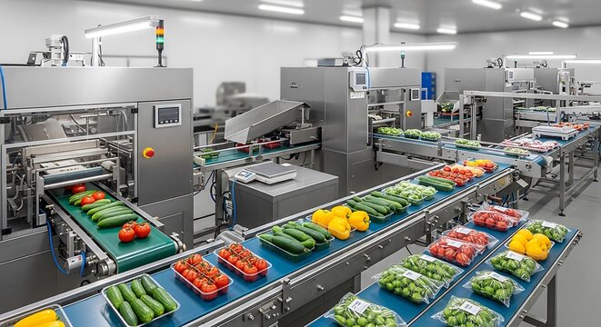 Automated vegetable and fruit sorting machine in industrial food processing facility