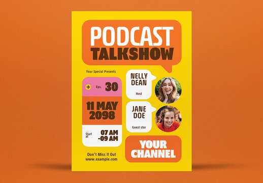 Yellow and Pink Flat Design Podcast Talkshow Flyer Layout