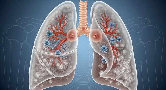 Detailed Illustration of Human Lungs Showing Bronchi and Alveoli for Medical Education.