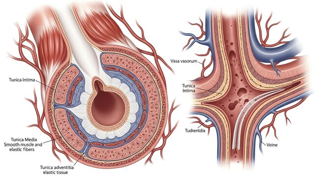 Detailed Illustration of Human Blood Vessel Structure and Function.