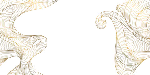 Luxury abstract gold wave pattern, elegant line art on white background. Japanese and Chinese vector design, smooth curves, flowing silk texture, premium frames, wallpapers, fabric prints. © marylia17