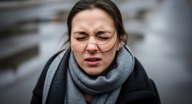 Woman standing outdoors with eyes closed in cold windy weather. Young lady wearing winter scarf feeling chilly. Sadness or discomfort concept. Emotional portrait in grey urban setting.