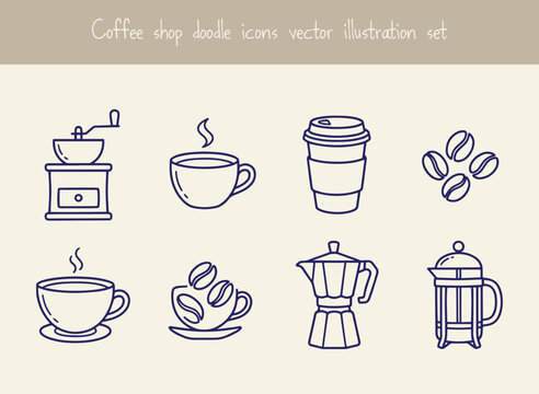 Coffee shop doodle icons vector illustration set featuring coffee grinder, steaming cup, disposable cup, coffee beans, espresso maker, and french press, hand-drawn outlines.