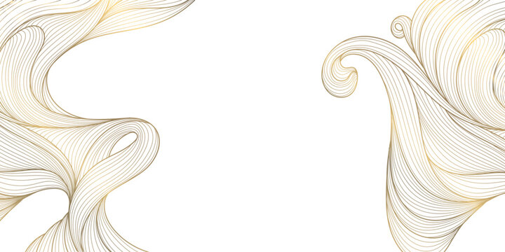 Luxury abstract gold wave pattern, elegant line art on white background. Japanese and Chinese vector design, smooth curves, flowing silk texture, premium frames, wallpapers, fabric prints.