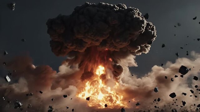 Explosive mushroom cloud billows, debris scattered in fiery atmospheric chaos