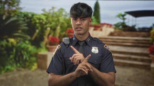 Young hispanic police officer in uniform points both index fingers, showing radio mic on his shoulder and visible badge at a building entrance; duty.