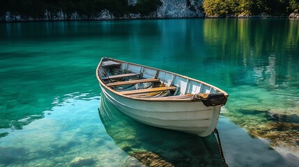 Fototapeta premium Wooden boat floating on clear turquoise lake in peaceful nature