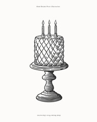 Hand-drawn birthday cake with candles in black and white sketch style. A decorated cake on a pedestal with three lit candles. Perfect for greeting cards, invitations, posters, banners, and postcards.