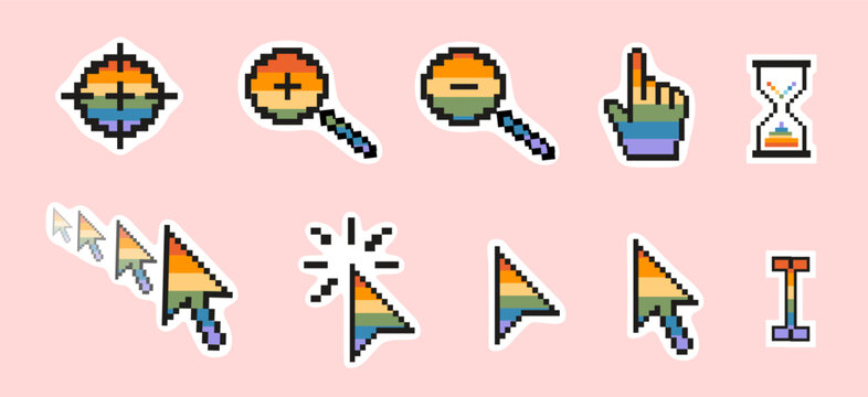 Pixel art retro computer cursor sticker pack in rainbow pride colors. Inclusive 8-bit nostalgic LGBTQ UI elements with white borders. Mouse pointers, hourglass, magnifying glass. Vector illustration.