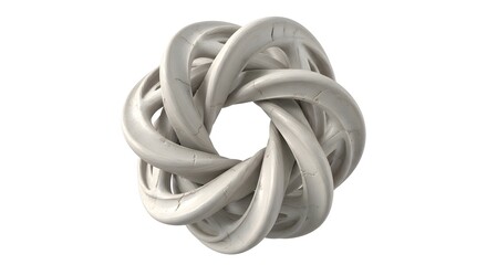 Fototapeta premium Intricate silver metal knot sculpture with twisted looped design on white background