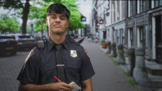 Young hispanic police officer holds notepad and red pen, writing a ticket on a cobbled street lined with parked cars and row buildings; duty routine.