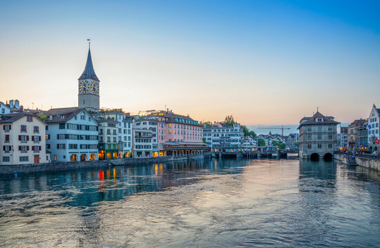 St. Peter church and Zurich Town Hall at blue hour by Limmat river