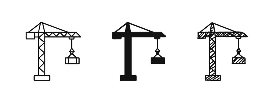 Construction Crane with Load Icon Set - Building, Industrial, and Heavy Machinery Symbols