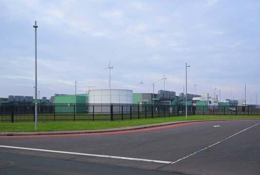 Data center exterior with wind turbines in Middelmeer the Netherlands