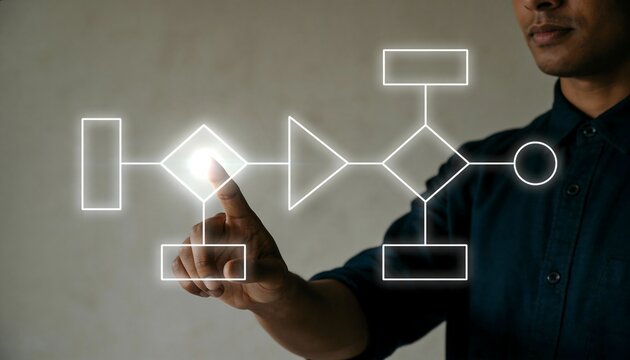 Person wearing a dark shirt interacts with a digital flowchart of chemical or process diagrams projected in front of them in a modern setting