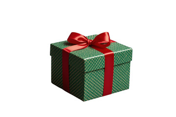 Obraz premium Green gift box with red ribbon and bow, symbolizing celebration, holidays, giving, and special occasions
