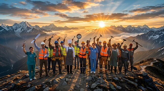 United Diverse Professionals Celebrate Success on Mountain Peak at Sunrise