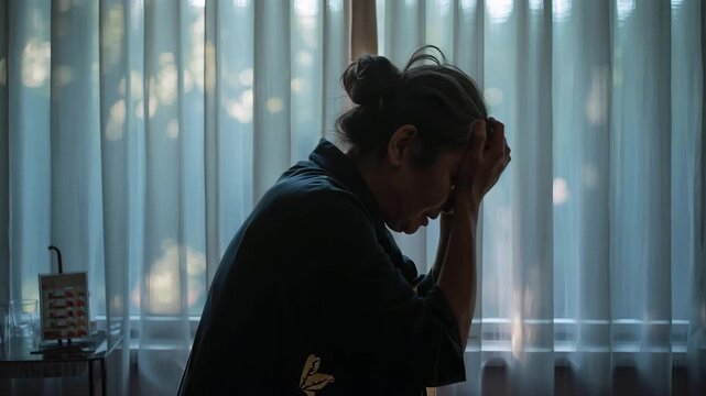 レース越しの光の前で日本人のシニア女性が介護の重さに沈思する