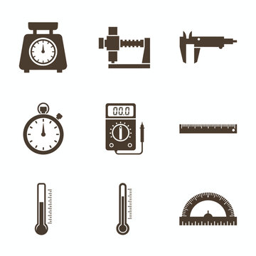 Brown icons of measuring tools equipment.