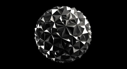Abstract Geometric Sphere with Metallic Facets on Black Background.