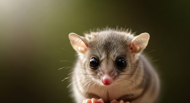 Adorable Possum Portrait in Natural Habitat with Green Background.