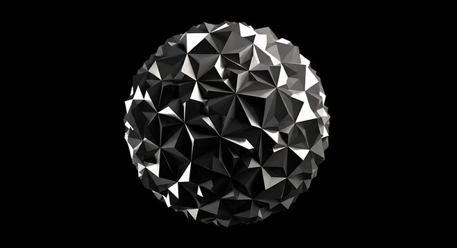 Abstract Geometric Sphere with Metallic Facets on Black Background.