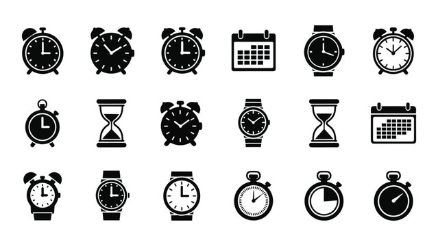 A collection of various timekeeping devices including clocks watches and calendars depicted in stark black silhouette high quality professional detailed modern
