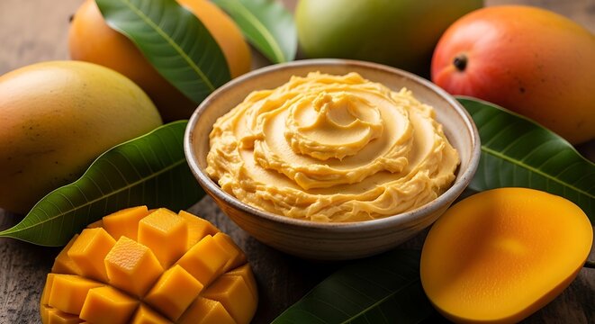 A refreshing bowl of creamy mango mousse surrounded by fresh tropical mango fruits on a dark table. mango butter