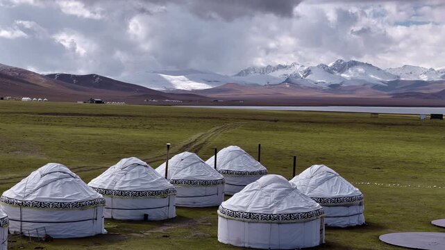 Yurt Camp Near Song Kol Lake With Snowy Mountains