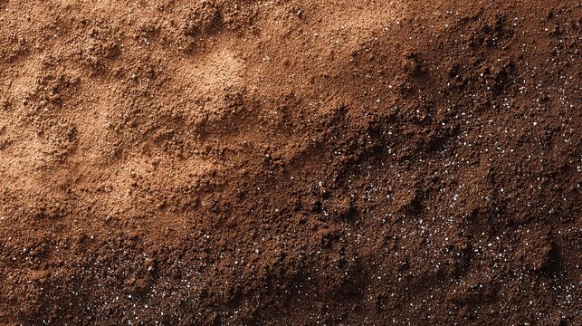Dark Brown Soil Texture: Close-up of Rough Earth Surface with Stones and Gravel, Outdoor Natural Environment, Showing Rich and Fertile Ground.