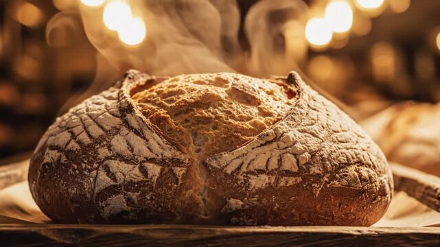 Freshly baked artisan bread emitting warm steam on a rustic wooden tray, ready to enjoy.