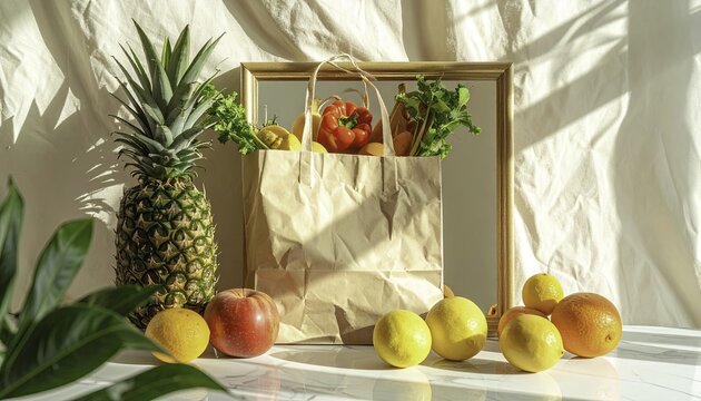 Fresh fruits with a paper bag and mirror on white background