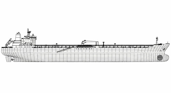 Detailed blueprint of a large oil tanker vessel.