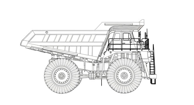 Detailed blueprint of a massive mining dump truck for heavy industry.