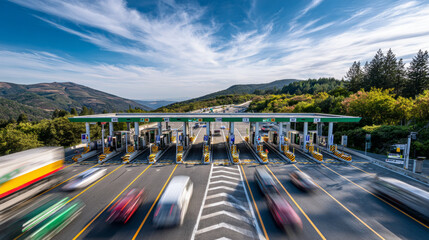 Modern toll plaza with multiple open lanes, mountain background, fast moving vehicles, clear sky