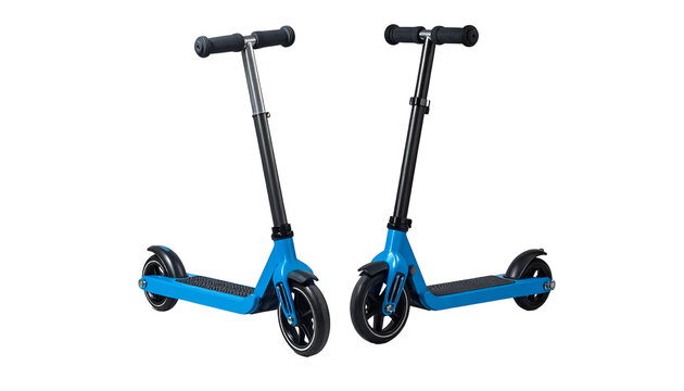 Two blue electric scooters, black handlebars and tires, standing against a black background
