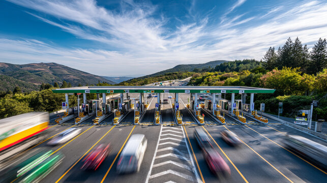 Modern toll plaza with multiple open lanes, mountain background, fast moving vehicles, clear sky