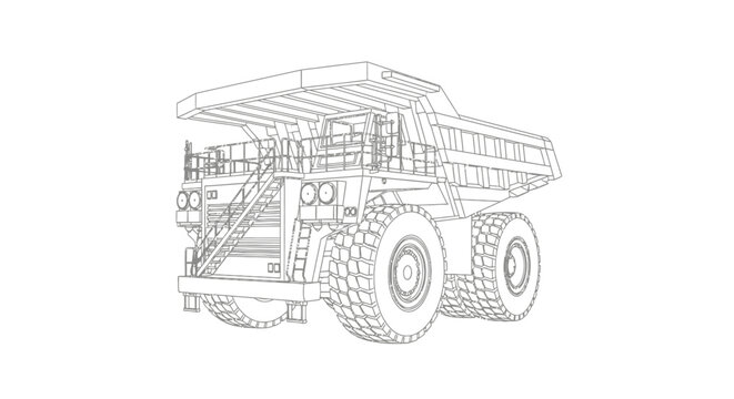 Detailed Wireframe Blueprint of a Large Mining Dump Truck.