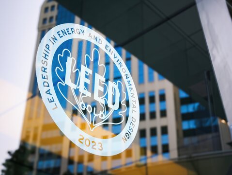 LEED Gold level certification sign Green building Leadership in Energy and Environmental Design sustainability : Bangkok, Thailand - Mar 27, 2026 