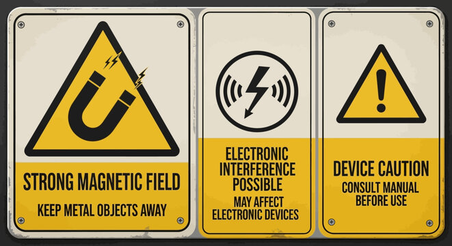 Set of three yellow square warning signs, including strong magnetic field, electronic interference possible, and device caution with manual instructions, on a light grey background.