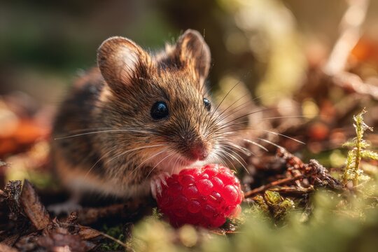 Macro photograph of a small mouse enjoying a raspberry in natural woodland