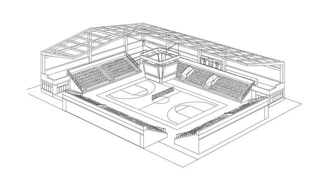 Detailed wireframe drawing of an indoor basketball court with spectator stands.