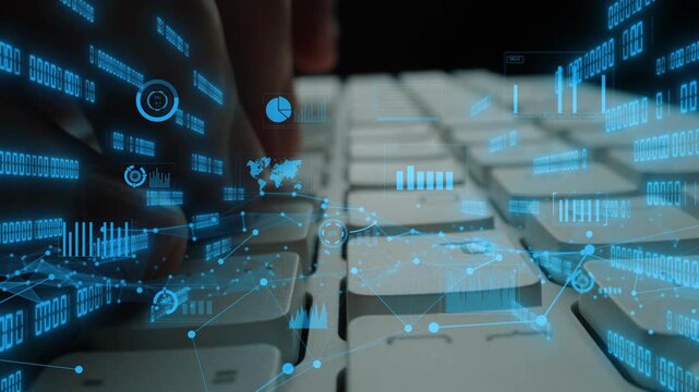 Explore the concept of digital transformation with a close-up view of a keyboard overlayed with blue data visualizations and analytical graphs, representing technology in business. Xenic